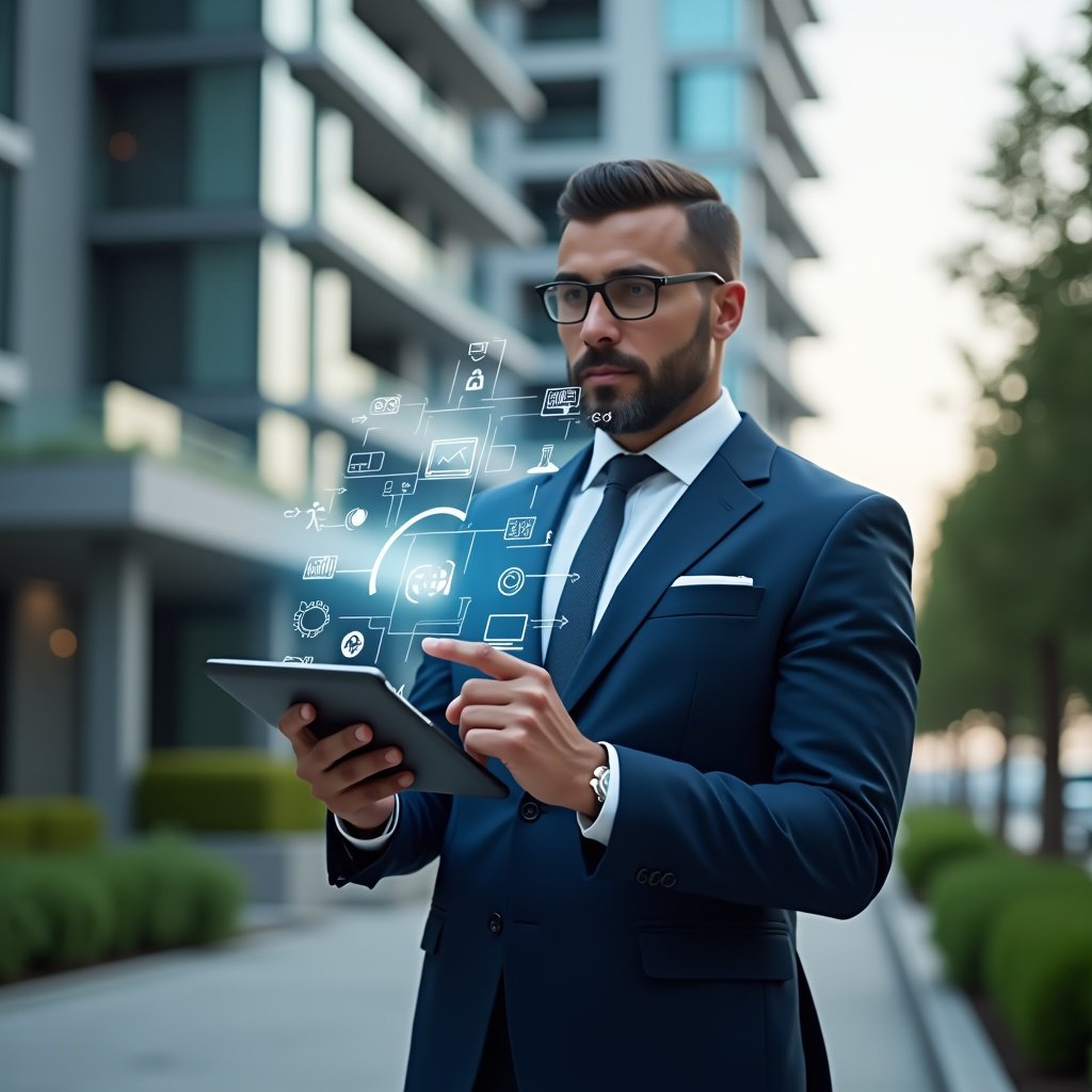 (Ultra-realistic condominium manager in a tailored navy suit, set in a modern luxury condominium environment with high-rise buildings and manicured greenery, holding a tablet displaying a holographic condominium management app interface, confidently tapping on floating icons representing access control, finance, communication, maintenance, reservations, reports and integrations, cinematic lighting, shallow depth of field, highly detailed textures, realistic skin, photographic realism, 8k resolution --ar 1:1 --v 6)