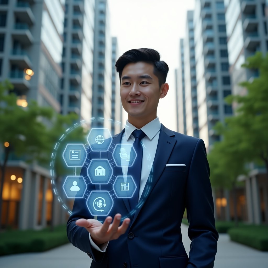 (Ultra-realistic condominium manager in a dark blue tailored suit, set in a modern luxury condominium environment with high-rise buildings and lush green landscaping, interacting with a floating holographic interface displaying icons for finance, security, reservations, communication, maintenance, and analytics, confident and focused expression, cinematic lighting, shallow depth of field, highly detailed textures, realistic skin, photographic realism, 8k resolution --ar 1:1 --v 6)