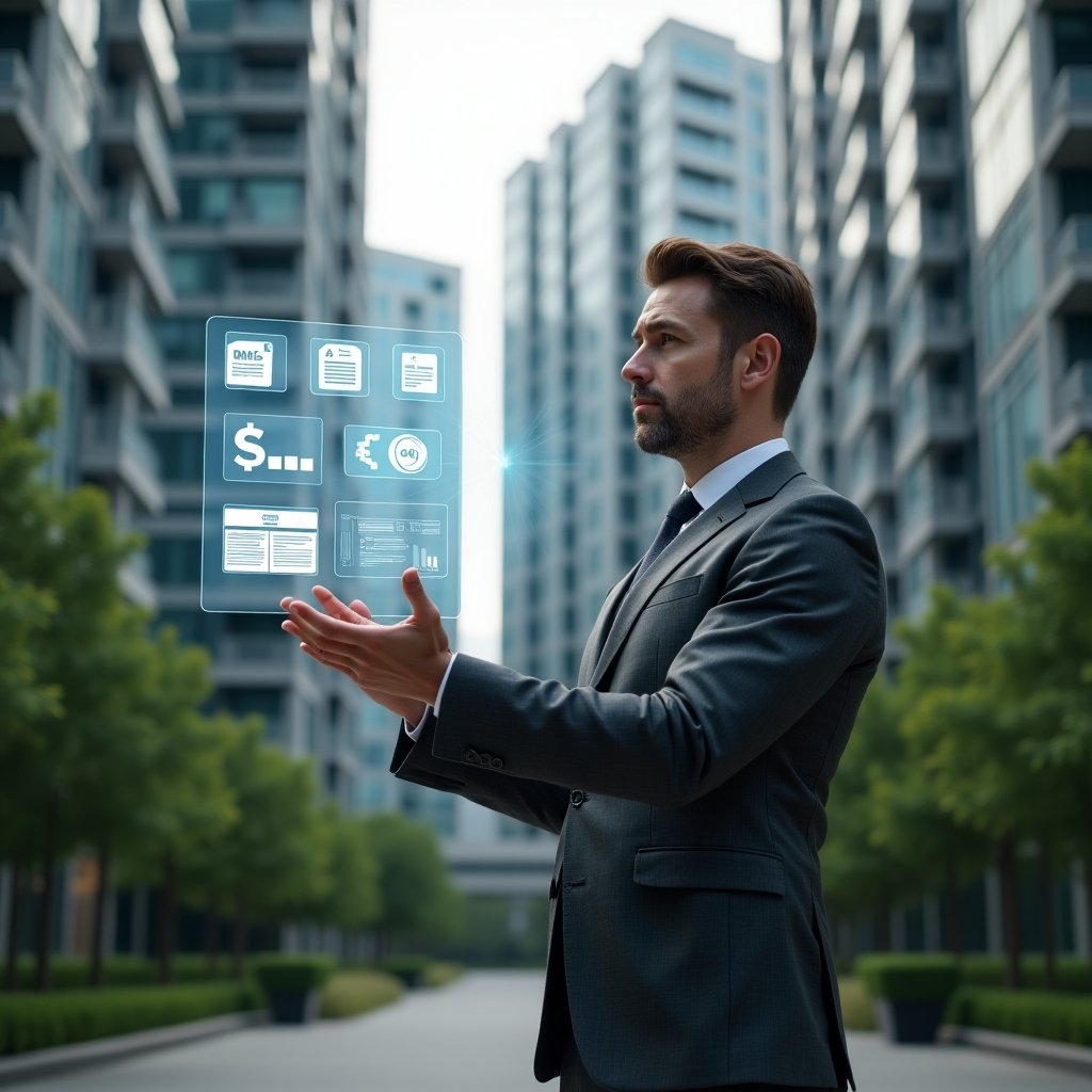 Ultra-realistic condominium manager in a charcoal gray suit, set in a modern luxury condominium environment with high-rise buildings and lush green landscaping, interacting with a floating holographic interface displaying icons for expense reports, contracts, parking maps, notifications and financial graphs, confident and focused expression, cinematic lighting, shallow depth of field, highly detailed textures, realistic skin, photographic realism, 8k resolution --ar 1:1 --v 6