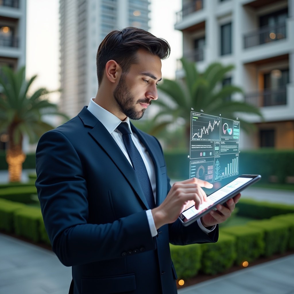 (Ultra-realistic condominium manager in a tailored navy suit, set in a modern luxury condominium environment with high-rise buildings and manicured green landscaping, examining a holographic financial dashboard projected from a sleek tablet, floating charts and graphs symbolizing automated accounting, confident and focused expression, cinematic lighting, shallow depth of field, highly detailed textures, realistic skin, photographic realism, 8k resolution --ar 1:1 --v 6)