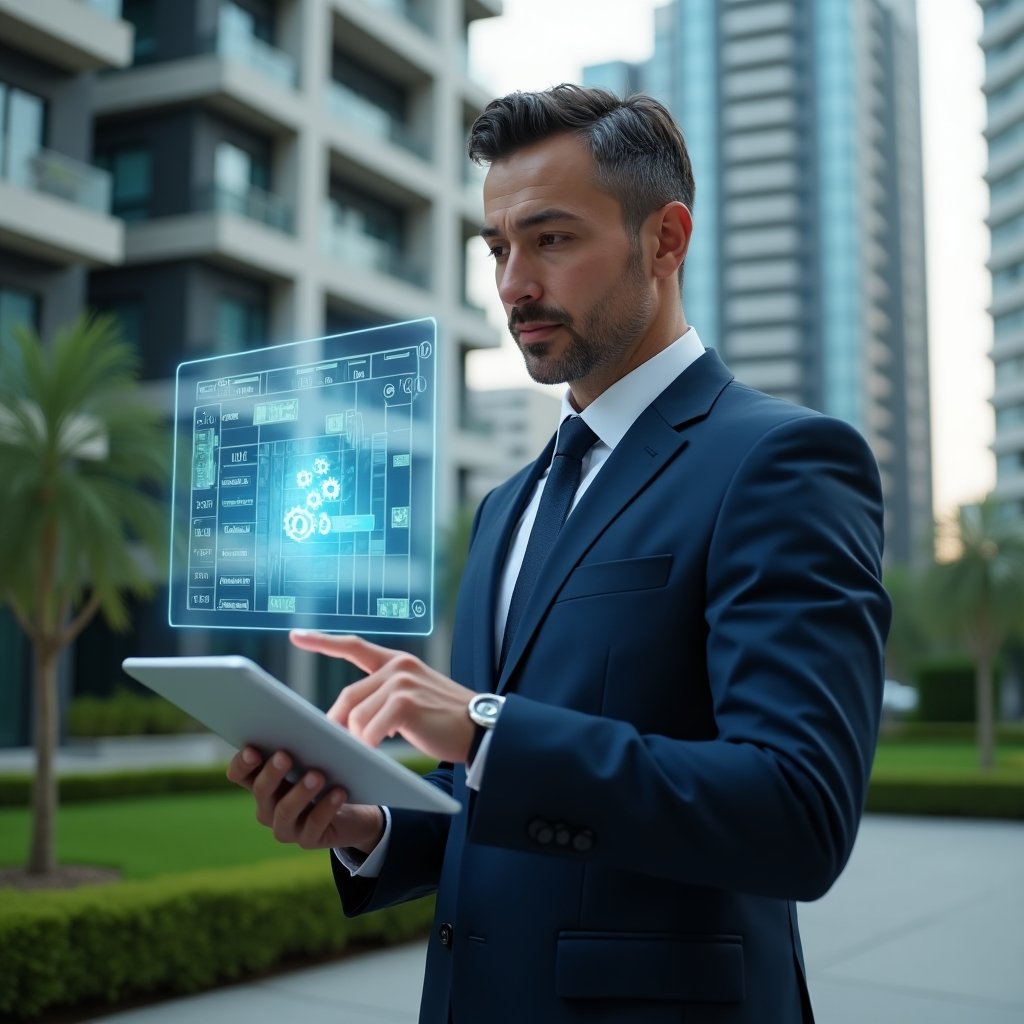 (Ultra-realistic condominium manager in a navy suit, set in a modern luxury condominium environment with high-rise buildings and manicured green landscaping, medium shot of the manager confidently interacting with a floating holographic maintenance schedule calendar, digital icons of gears and check marks hovering beside a tablet, cinematic lighting, shallow depth of field, highly detailed textures, realistic skin, photographic realism, 8k resolution --ar 1:1 --v 6)