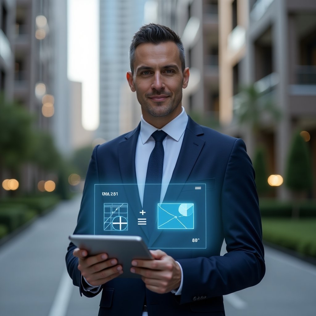 (Ultra-realistic condominium manager in a navy blue tailored suit, set in a modern luxury condominium environment with high-rise buildings and manicured greenery, holding a tablet projecting a holographic ideal fraction calculation chart and assembly icons, confident and focused expression, cinematic lighting, shallow depth of field, highly detailed textures, realistic skin, photographic realism, 8k resolution --ar 1:1 --v 6)