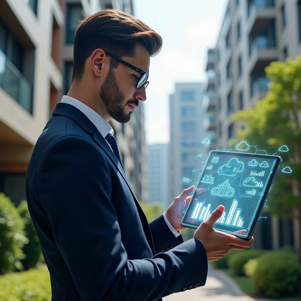 Ultra-realistic condominium manager in a navy executive suit, set in a modern luxury condominium environment with high-rise buildings and manicured green landscaping, holding a transparent tablet hologram projecting cloud-based graphs and condominium icons, examining the data with a confident, focused expression, cinematic lighting, shallow depth of field, highly detailed textures, realistic skin, photographic realism, 8k resolution --ar 1:1 --v 6