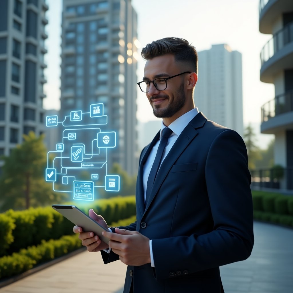 Ultra-realistic condominium manager in a navy tailored suit, set in a modern luxury condominium environment with high-rise buildings and manicured green landscaping, holding a tablet displaying floating holographic app icons, checklists and cost-reduction graphs, confidently smiling and gesturing toward the interface to illustrate optimized tasks and streamlined communication, cinematic lighting, shallow depth of field, highly detailed textures, realistic skin, photographic realism, 8k resolution --ar 1:1 --v 6