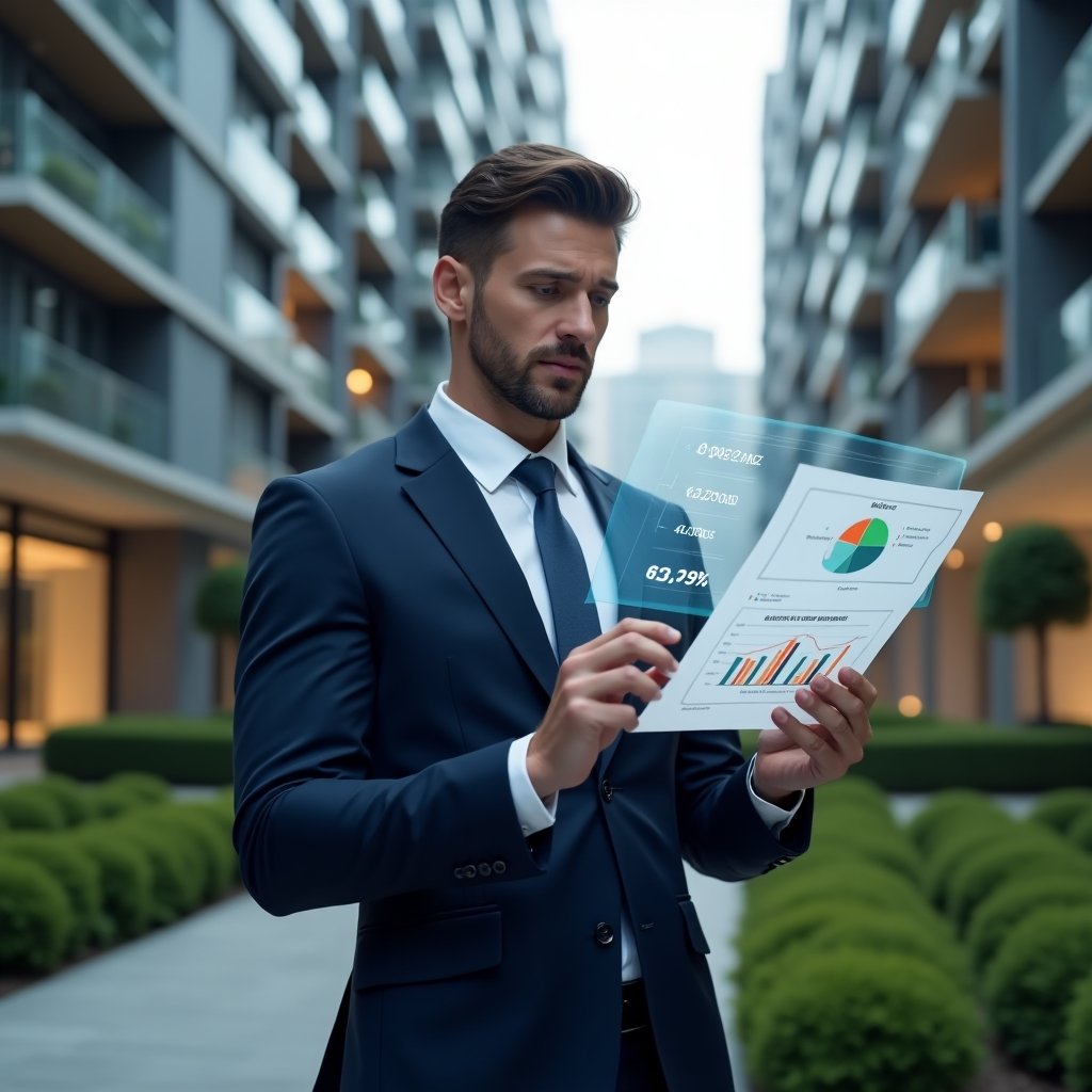 Ultra-realistic condominium manager in a navy blue executive suit, set in a modern luxury condominium environment with high-rise buildings and manicured green landscaping, reviewing floating holographic expense charts with a confident, focused expression, digital financial graphs and budget control icons hovering around, cinematic lighting, shallow depth of field, highly detailed textures, realistic skin, photographic realism, 8k resolution --ar 1:1 --v 6