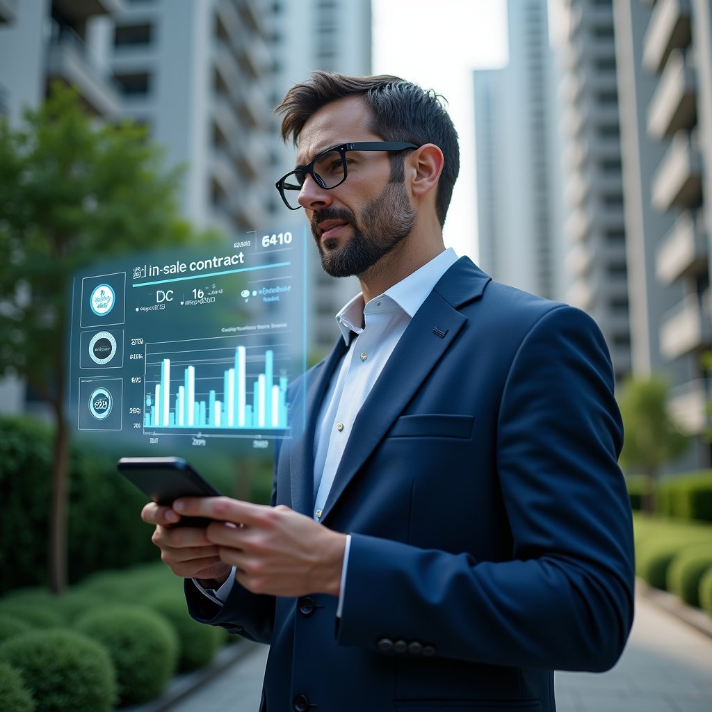 (Ultra-realistic condominium manager in a navy blue suit, set in a modern luxury condominium environment with high-rise buildings and manicured green landscaping, examining a holographic financial dashboard with contract icons and budget charts floating around, confident and focused expression, cinematic lighting, shallow depth of field, highly detailed textures, realistic skin, photographic realism, 8k resolution --ar 1:1 --v 6)