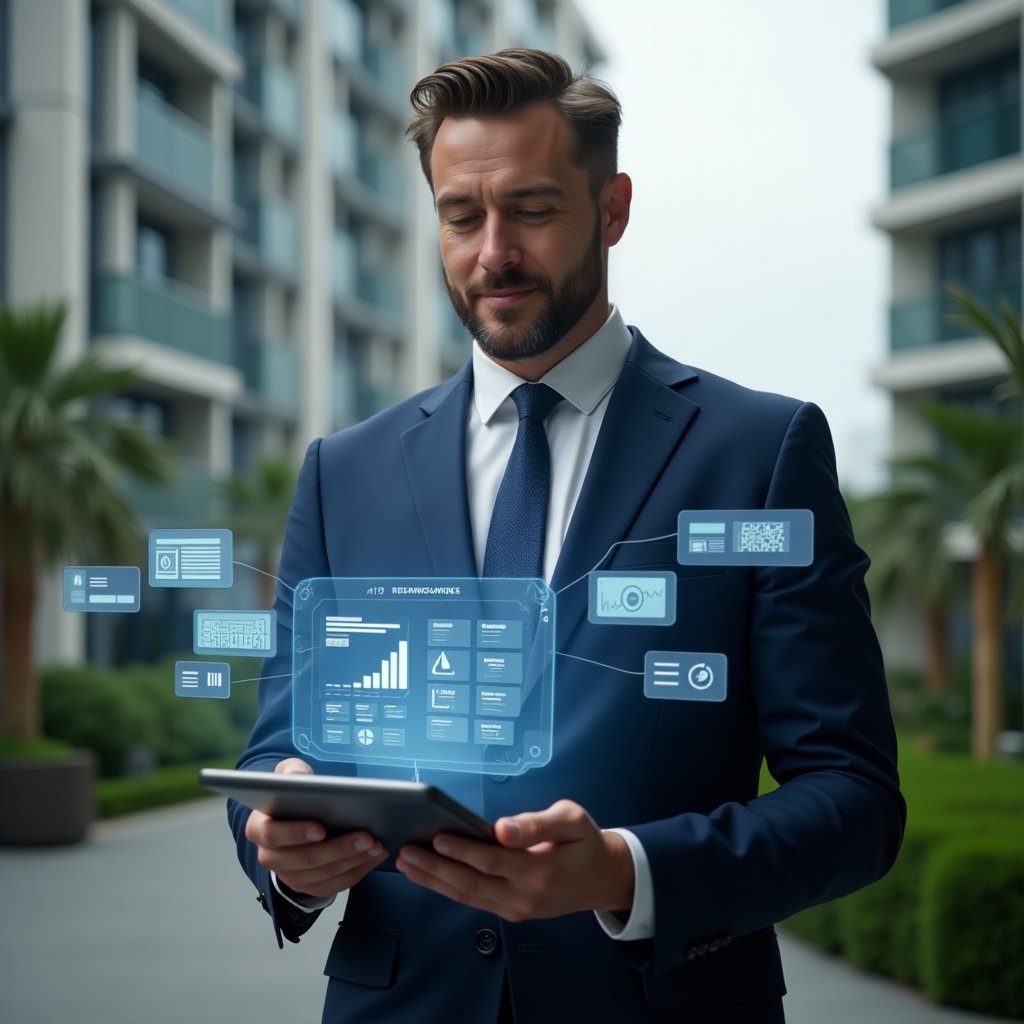 (Ultra-realistic condominium manager in a navy blue executive suit, set in a modern luxury condominium environment with high-rise buildings and meticulously landscaped greenery, holding a tablet displaying a holographic dashboard of digital tools, floating icons of chat bubbles, analytics graphs and reservation calendars orbiting around, confident and focused expression, cinematic lighting, shallow depth of field, highly detailed textures, realistic skin, photographic realism, 8k resolution --ar 1:1 --v 6)