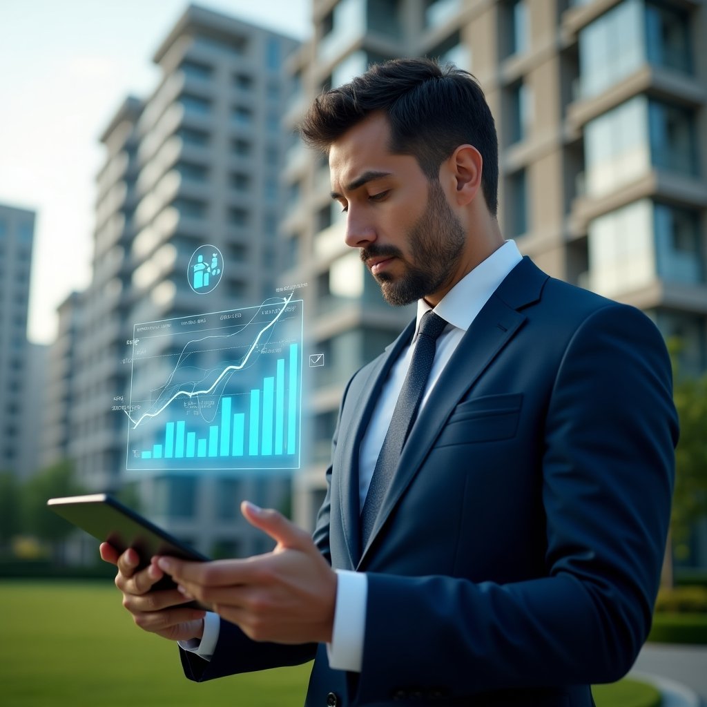 (Ultra-realistic condominium manager in a navy blue executive suit, set in a modern luxury condominium environment with high-rise buildings and manicured green landscaping, reviewing a holographic financial report projected from a tablet, transparent charts and icons floating around, expression focused and confident, cinematic lighting, shallow depth of field, highly detailed textures, realistic skin, photographic realism, 8k resolution --ar 1:1 --v 6)