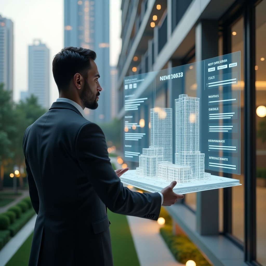 Ultra-realistic condominium manager in a charcoal gray suit, set in a modern luxury condominium environment with high-rise buildings and manicured green landscaping, confidently analyzing a holographic interface displaying task lists, schedules and performance charts, a semi-transparent 3D building model floating beside them, cinematic lighting, shallow depth of field, highly detailed textures, realistic skin, photographic realism, 8k resolution --ar 1:1 --v 6