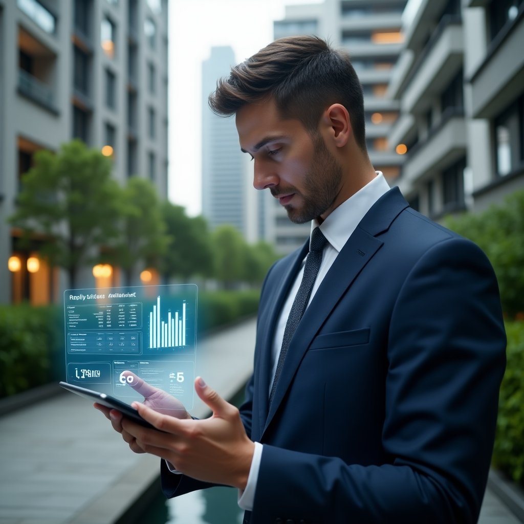 (Ultra-realistic condominium manager in a tailored navy suit, set in a modern luxury condominium environment with high-rise buildings and lush green landscaping, medium close-up of the manager holding a tablet displaying holographic financial charts and categorized expense icons, confidently analyzing data, cinematic lighting, shallow depth of field, highly detailed textures, realistic skin, photographic realism, 8k resolution --ar 1:1 --v 6)