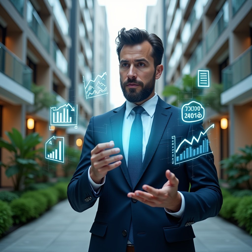 Ultra-realistic condominium manager in a navy suit, set in a modern luxury condominium environment with high-rise buildings and lush green landscaping, mid-shot of a confident professional analyzing holographic KPI charts floating before them, glowing KPI icons and financial graphs symbolizing efficiency and performance, cinematic lighting, shallow depth of field, highly detailed textures, realistic skin, photographic realism, 8k resolution --ar 1:1 --v 6