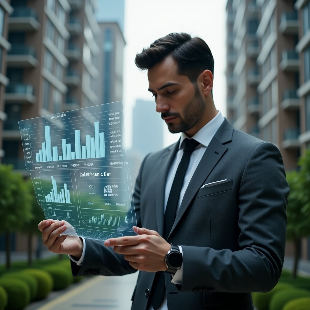 Ultra-realistic condominium manager in a charcoal gray executive suit, set in a modern luxury condominium environment with high-rise residential towers and manicured green gardens, examining floating holographic KPI charts displaying metrics like cash flow and delinquency rate, confident and focused expression, cinematic lighting, shallow depth of field, highly detailed textures, realistic skin, photographic realism, 8k resolution --ar 1:1 --v 6