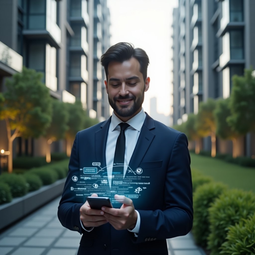 (Ultra-realistic property manager in a navy blue suit, set in a modern luxury condominium environment with high-rise buildings and meticulously landscaped greenery, holding a smartphone displaying a floating holographic condominium management app interface with icons for analytics, communication and scheduling, confident and focused expression, cinematic lighting, shallow depth of field, highly detailed textures, realistic skin, photographic realism, 8k resolution --ar 1:1 --v 6)