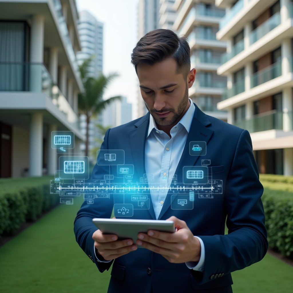 (Ultra-realistic condominium manager in a dark blue suit, set in a modern luxury condominium environment with high-rise buildings and meticulously manicured green landscaping, analyzing a holographic timeline schedule projected from a sleek tablet, expression focused and confident, floating calendar icons and digital planning elements surrounding them, cinematic lighting, shallow depth of field, highly detailed textures, realistic skin, photographic realism, 8k resolution --ar 1:1 --v 6)