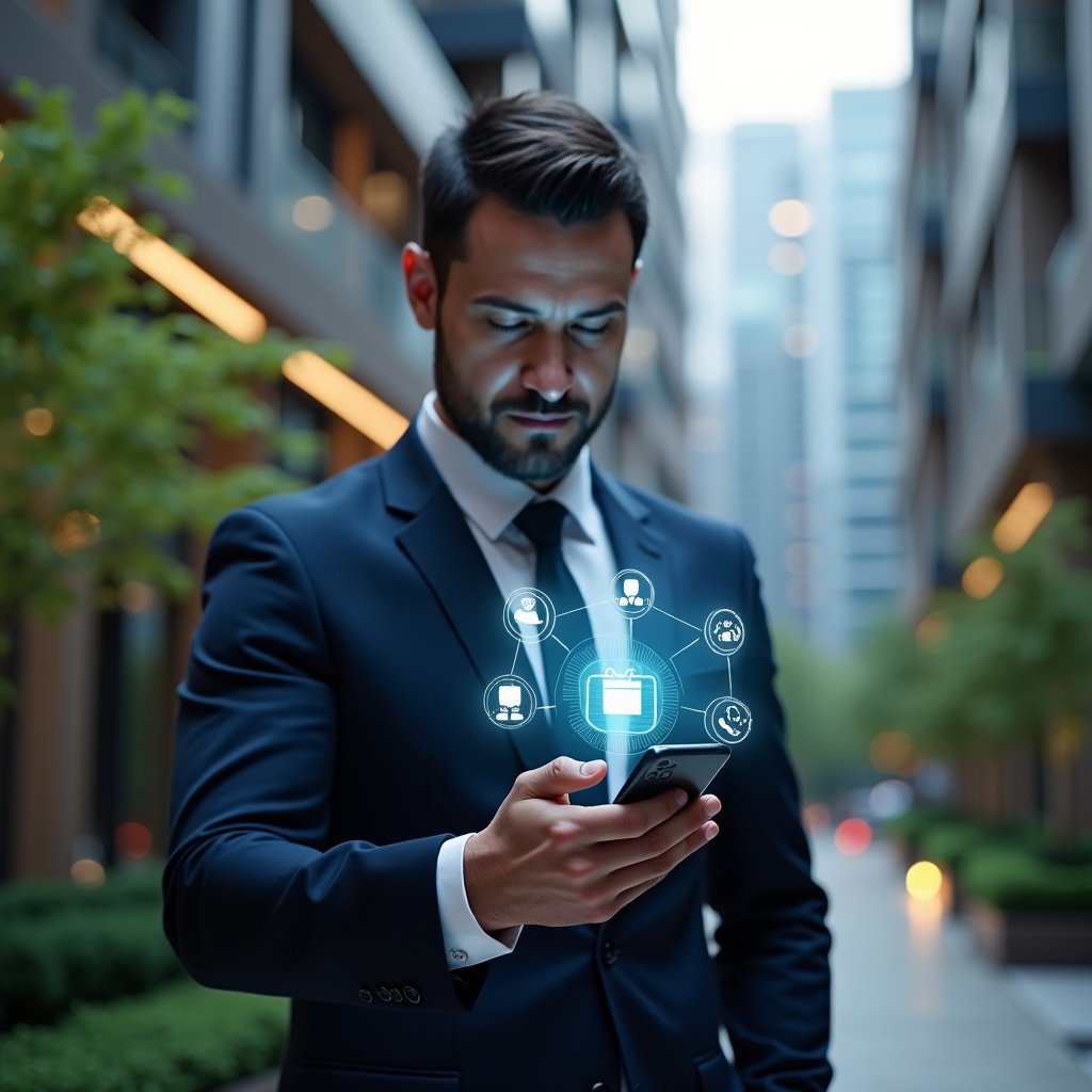 Ultra-realistic condominium manager in a sharp navy executive suit, set in a modern luxury condominium environment with high-rise buildings and lush green landscaping, confidently holding a smartphone displaying holographic icons for payments, messaging, reservation calendar and virtual assembly voting, futuristic app interface glowing above the device, cinematic lighting, shallow depth of field, highly detailed textures, realistic skin, photographic realism, 8k resolution --ar 1:1