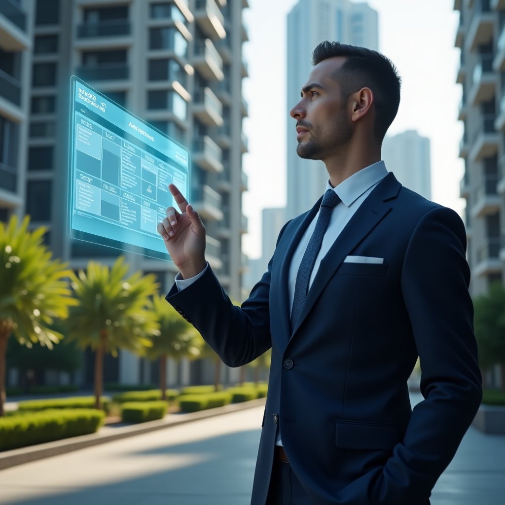 (Ultra-realistic condominium manager in a tailored navy suit, set in a modern luxury condominium environment with high-rise buildings and manicured green landscaping, interacting with a floating holographic calendar displaying scheduled tasks and maintenance icons, confidently pointing at upcoming preventive maintenance entries, cinematic lighting, shallow depth of field, highly detailed textures, realistic skin, photographic realism, 8k resolution --ar 1:1 --v 6)
