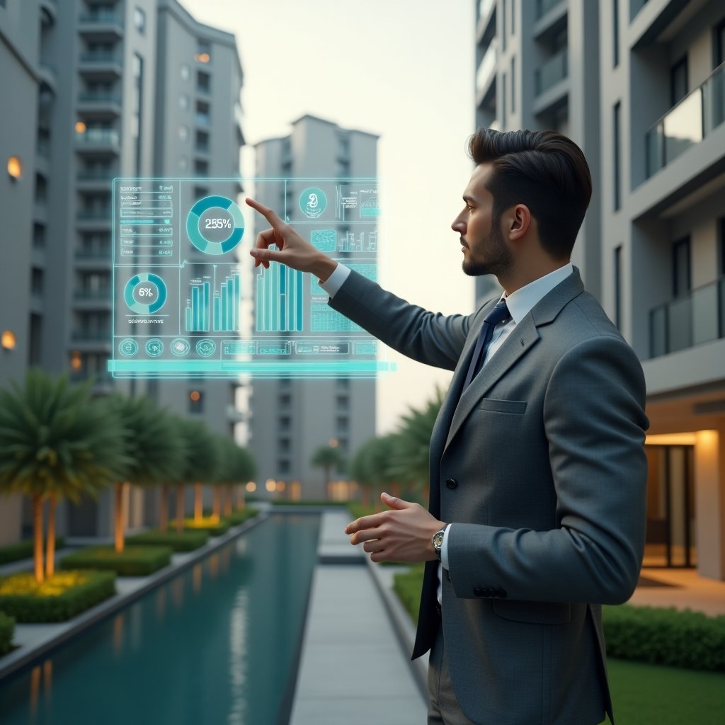 (Ultra-realistic condominium manager in a tailored gray suit, set in a modern luxury condominium environment with high-rise buildings and meticulously landscaped gardens, pointing thoughtfully at a floating holographic budget chart displaying expense forecasts and pie graphs, surrounded by subtle 3D icons of coins and financial documents, cinematic lighting, shallow depth of field, highly detailed textures, realistic skin, photographic realism, 8k resolution --ar 1:1 --v 6)