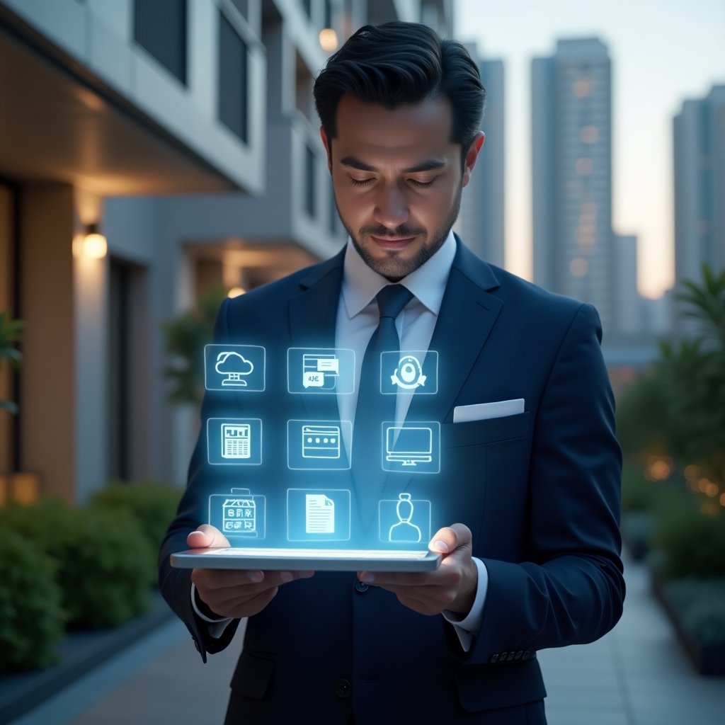 (Ultra-realistic condominium manager in a tailored navy suit, set in a modern luxury condominium environment with high-rise buildings and manicured greenery, holding a glowing transparent tablet projecting nine floating holographic icons representing cloud document storage, instant messaging, financial graphs, booking calendar, maintenance tools, billing invoices, video conference, customizable reports, and mobile management, confident and focused expression, cinematic lighting, shallow depth of field, highly detailed textures, realistic skin, photographic realism, 8k resolution --ar 1:1 --v 6)