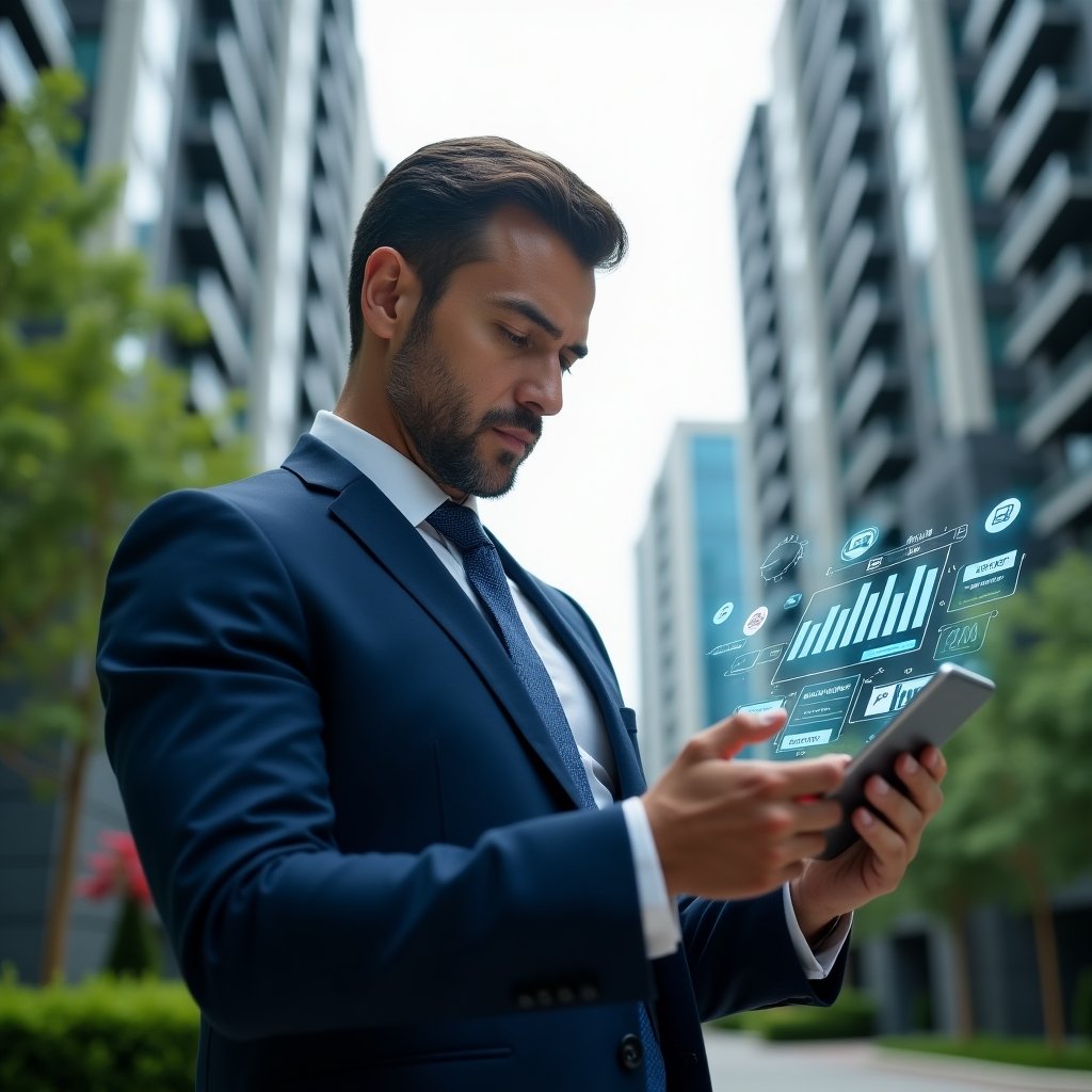 (Ultra-realistic condominium manager in a navy blue suit, set in a modern luxury condominium environment with high-rise buildings and manicured green landscaping, examining a holographic financial dashboard projected from a tablet, floating icons of budgets, messages and maintenance tools around them, confident and focused expression, cinematic lighting, shallow depth of field, highly detailed textures, realistic skin, photographic realism, 8k resolution --ar 1:1 --v 6)