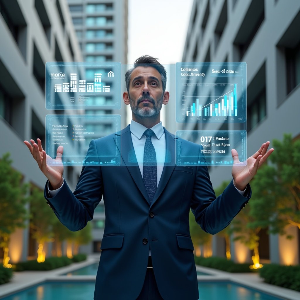 Ultra-realistic condominium manager in a dark blue tailored suit, set in a modern luxury condominium environment with high-rise buildings and manicured green landscaping, confidently interacting with a floating holographic dashboard displaying financial charts and condo unit icons, cinematic lighting, shallow depth of field, highly detailed textures, realistic skin, photographic realism, 8k resolution --ar 1:1 --v 6