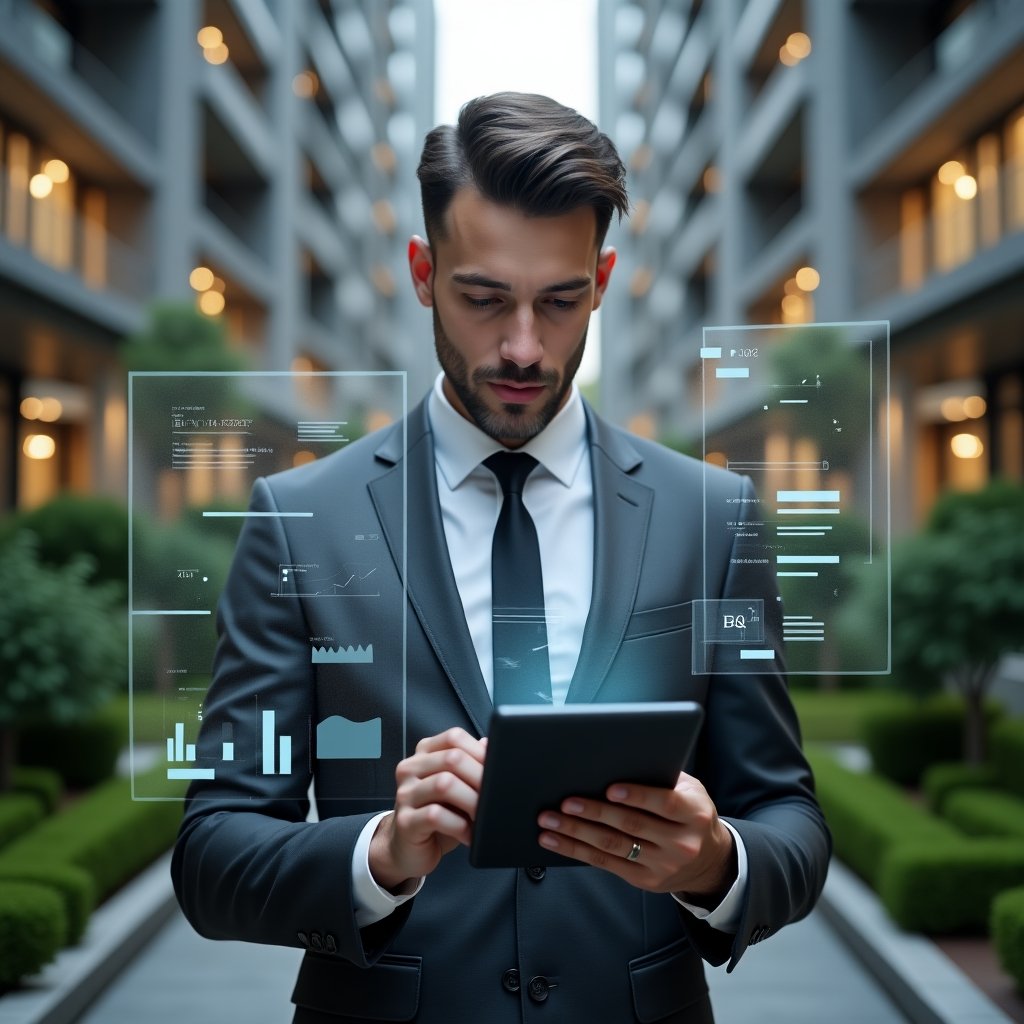 Ultra-realistic condominium manager in a charcoal gray suit, set in a modern luxury condominium environment with high-rise buildings and manicured green landscaping, interacting with a tablet projecting holographic digital documents and graphs that symbolize the transformation from paper to app, confident and focused expression, cinematic lighting, shallow depth of field, highly detailed textures, realistic skin, photographic realism, 8k resolution --ar 1:1 --v 6