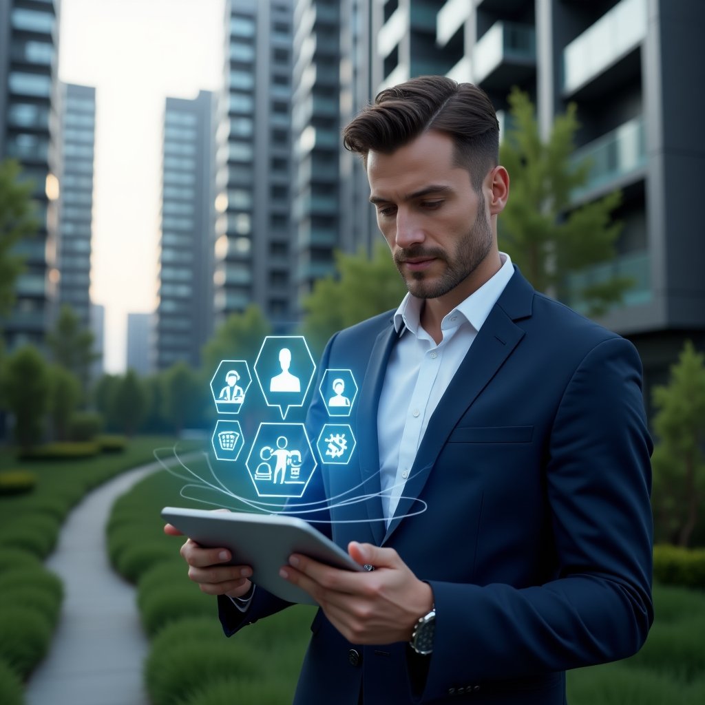 Ultra-realistic condominium manager in a navy blue tailored suit, set in a modern luxury condominium environment with high-rise buildings and lush green landscaping, holding a digital tablet projecting holographic icons for communication, finance, planning and conflict resolution, analyzing the holograms with a confident, focused expression, cinematic lighting, shallow depth of field, highly detailed textures, realistic skin, photographic realism, 8k resolution --ar 1:1 --v 6