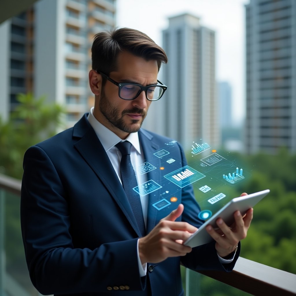 (Ultra-realistic condominium manager in a tailored navy suit, set in a modern luxury condominium environment with high-rise buildings and lush green landscaping, confidently analyzing a holographic condo management app interface projected from a tablet, floating icons of charts, maintenance schedules and notifications surrounding them, cinematic lighting, shallow depth of field, highly detailed textures, realistic skin, photographic realism, 8k resolution --ar 1:1 --v 6)
