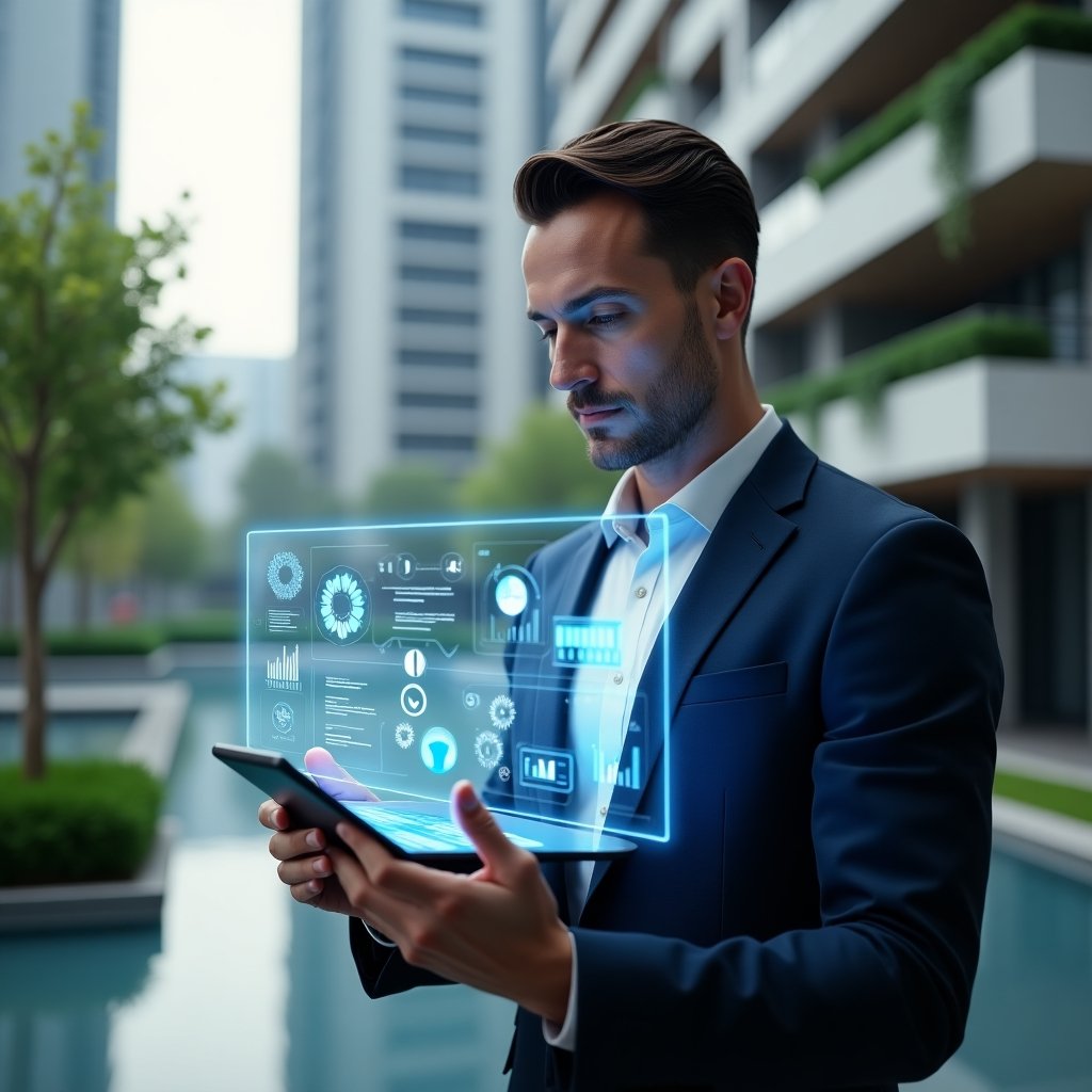 (Ultra-realistic condominium manager in a tailored navy blue suit, set in a modern luxury condominium environment with high-rise buildings and green landscaping, examining a floating holographic dashboard of a management app with animated icons and graphs, confident and focused expression, cinematic lighting, shallow depth of field, highly detailed textures, realistic skin, photographic realism, 8k resolution --ar 1:1 --v 6)