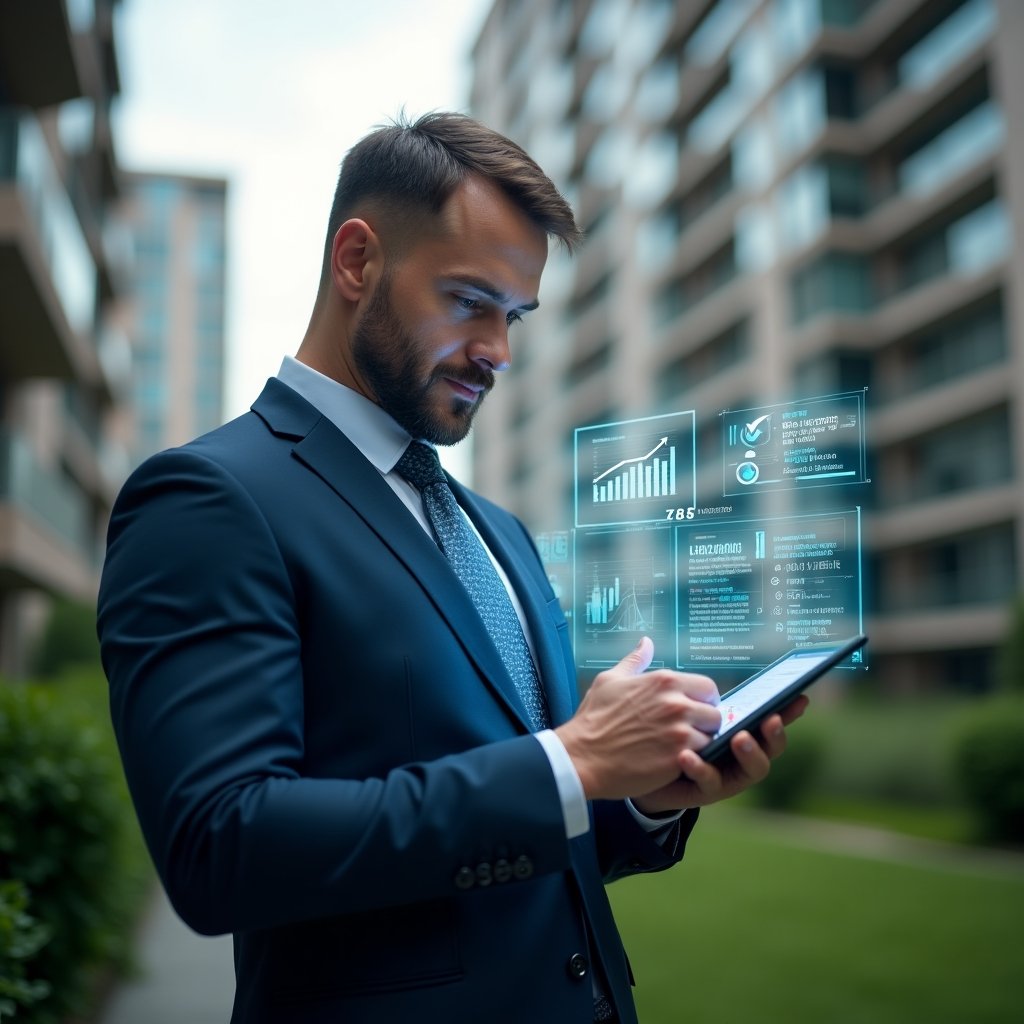 (Ultra-realistic property manager in a navy blue tailored suit, set in a modern luxury condominium environment with high-rise buildings and lush green landscaping, examining a holographic checklist and interactive data graphs projected from a tablet, confident and focused expression, holographic icons of financial reports and communication alerts floating around, cinematic lighting, shallow depth of field, highly detailed textures, realistic skin, photographic realism, 8k resolution --ar 1:1 --v 6)