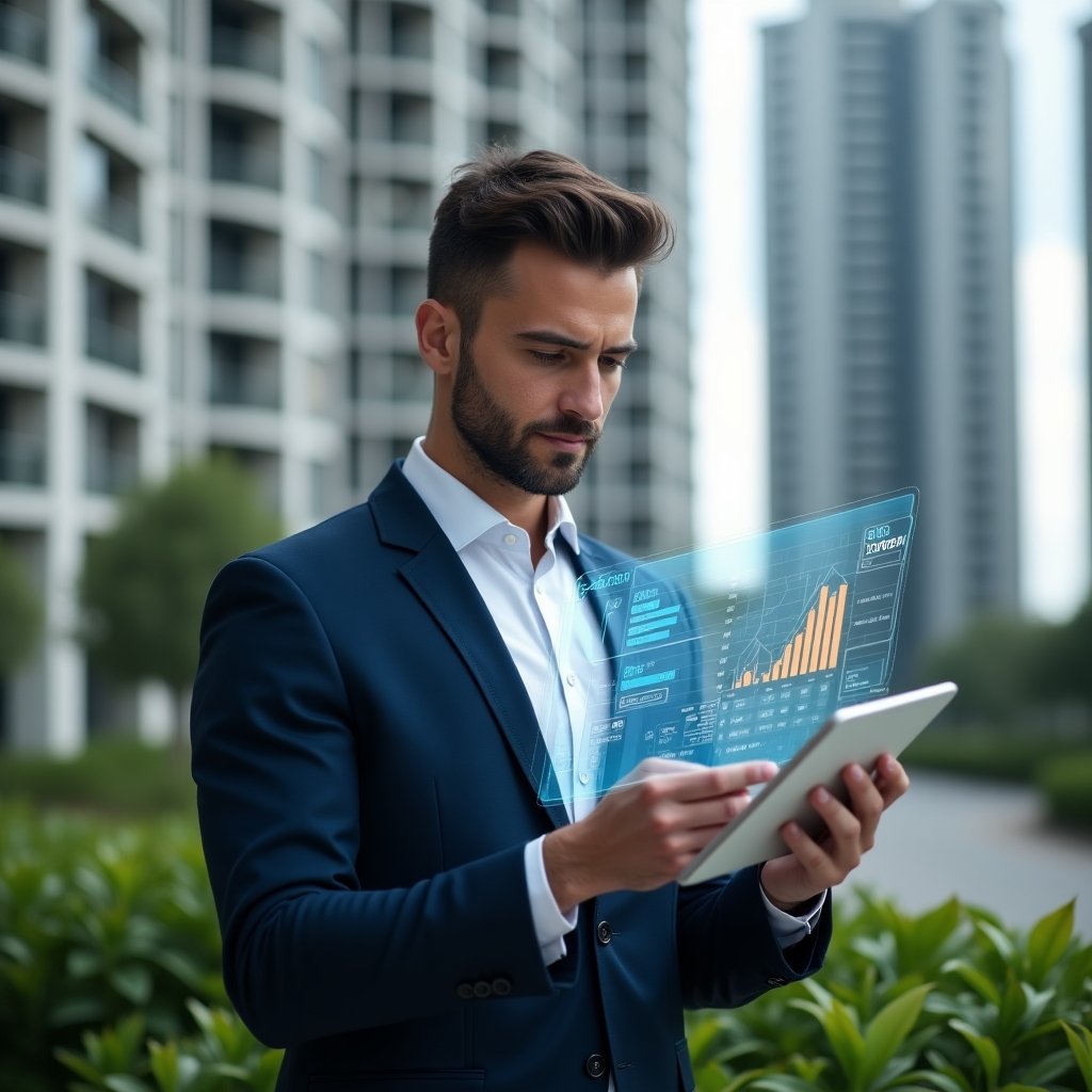 Ultra-realistic property manager in a navy suit, set in a modern luxury condominium environment with high-rise buildings and green landscaping, holding a transparent tablet displaying a holographic spreadsheet juxtaposed with a mobile app interface, analyzing options with a confident expression, futuristic holographic UI elements floating around, cinematic lighting, shallow depth of field, highly detailed textures, realistic skin, photographic realism, 8k resolution --ar 1:1 --v 6