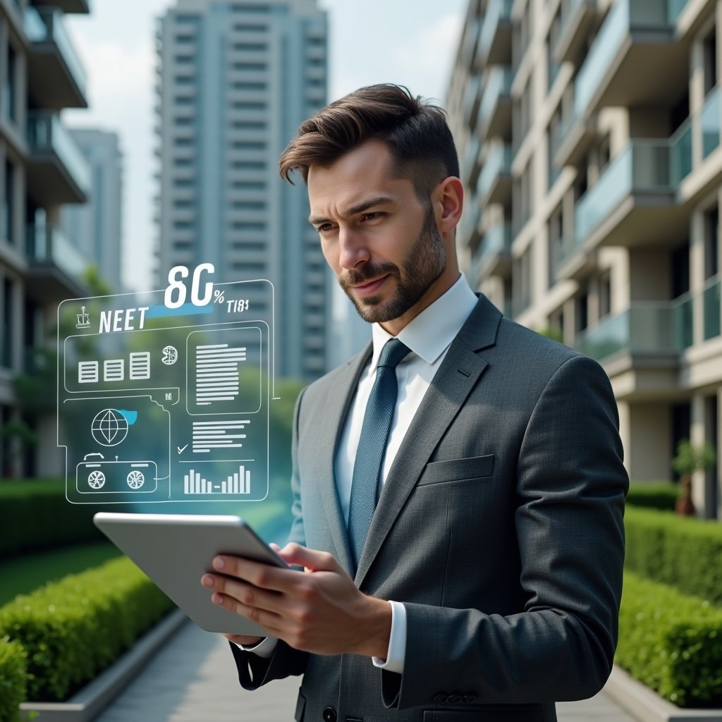 (Ultra-realistic condominium manager in a tailored charcoal gray suit, set in a modern luxury condominium environment with high-rise buildings and immaculate green landscaping, holding a digital tablet displaying a holographic financial checklist and reviewing virtual reports, confident and focused expression, floating icons of receipts, charts, and assembly documents around them, cinematic lighting, shallow depth of field, highly detailed textures, realistic skin, photographic realism, 8k resolution --ar 1:1 --v 6)