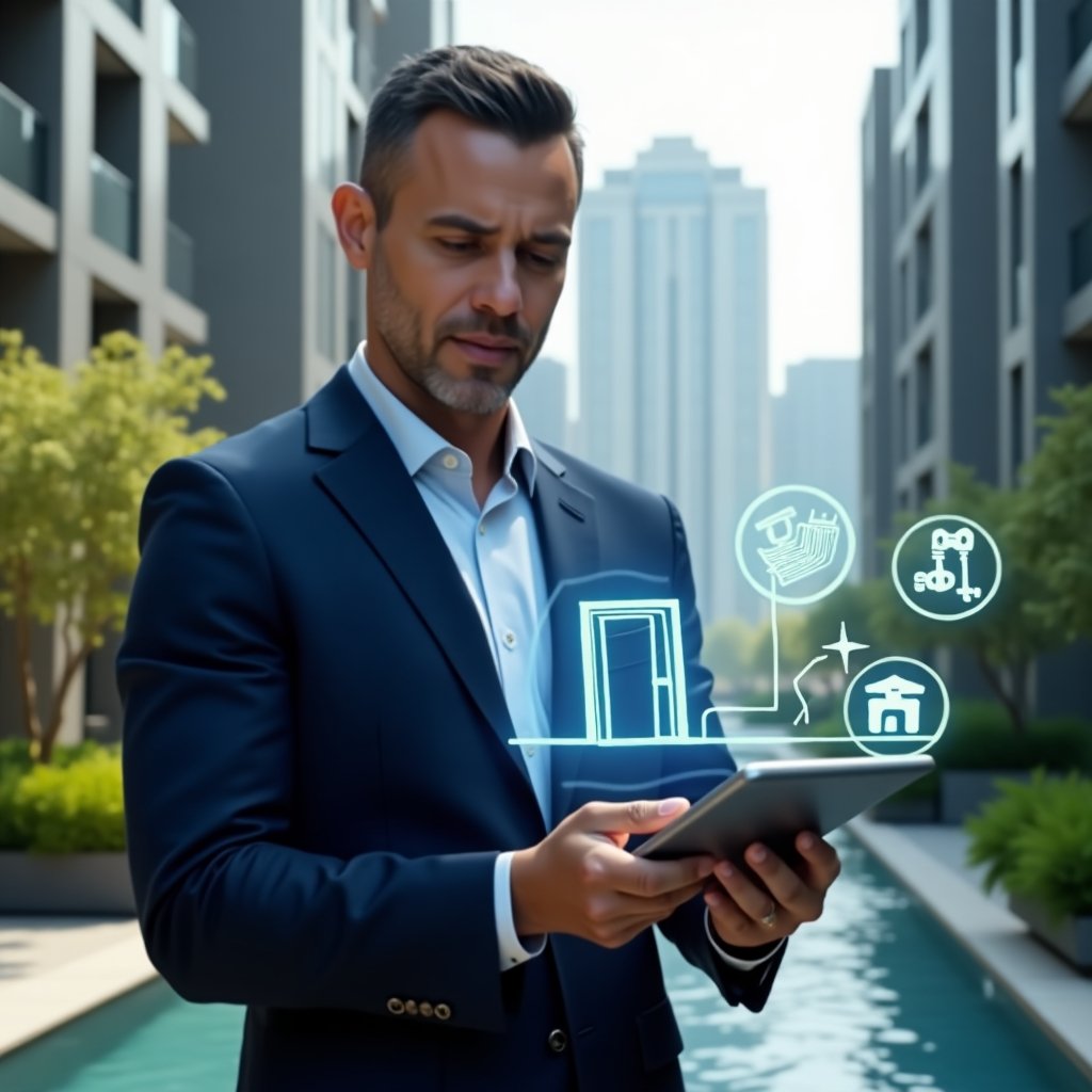 Ultra-realistic condominium manager in a tailored navy blue suit, set in a modern luxury condominium environment with high-rise buildings and lush green landscaping, standing in a medium shot while holding a tablet projecting a holographic maintenance checklist, with floating icons of an elevator, water pipes and electrical circuits around him, confident and focused expression, cinematic lighting, shallow depth of field, highly detailed textures, realistic skin, photographic realism, 8k resolution --ar 1:1 --v 6
