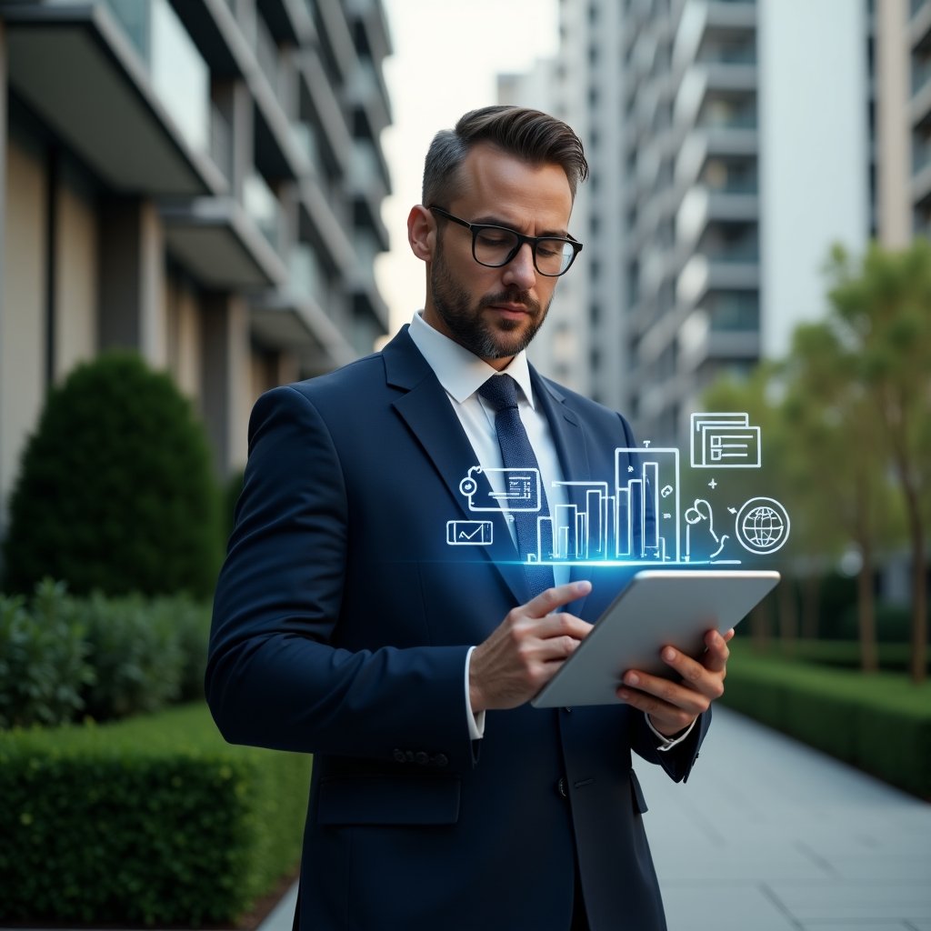 (Ultra-realistic condominium manager in a tailored navy suit, set in a modern luxury condominium environment with high-rise buildings and manicured green landscaping, reviewing a digital tablet with holographic budget icons and floating expense charts, confident and focused expression, cinematic lighting, shallow depth of field, highly detailed textures, realistic skin, photographic realism, 8k resolution --ar 1:1 --v 6)