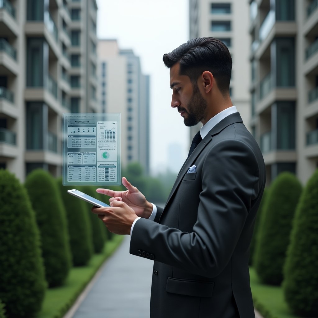 (Ultra-realistic condominium manager in a charcoal gray executive suit, set in a modern luxury condominium environment with high-rise buildings and manicured green landscaping, reviewing digital financial reports on a sleek tablet with a floating holographic chart of balance sheets and invoices beside them, conveying confidence and precision, cinematic lighting, shallow depth of field, highly detailed textures, realistic skin, photographic realism, 8k resolution --ar 1:1 --v 6)