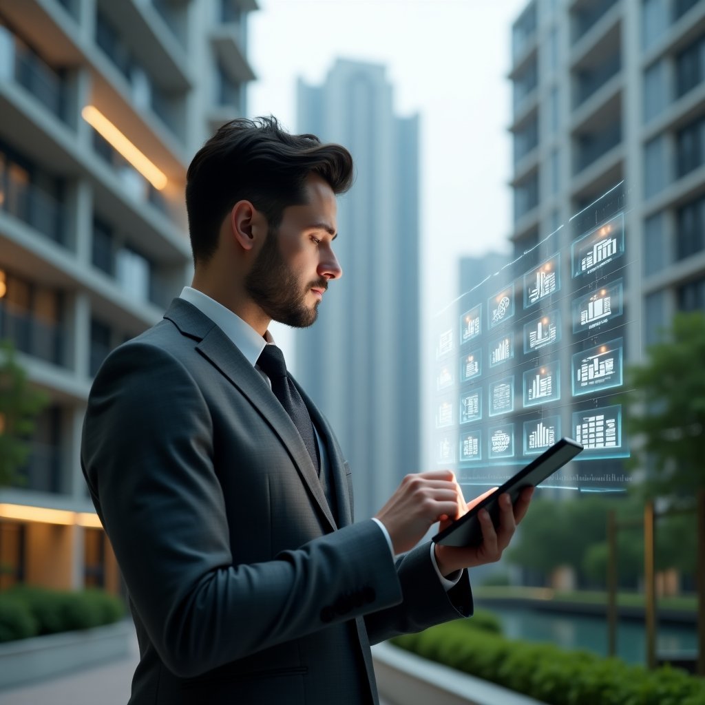 (Ultra-realistic condominium manager in a charcoal gray executive suit, set in a modern luxury condominium environment with high-rise buildings and green landscaping, reviewing a holographic monthly accounts checklist projected above a tablet, surrounded by floating bank statement icons and document thumbnails, cinematic lighting, shallow depth of field, highly detailed textures, realistic skin, photographic realism, 8k resolution --ar 1:1 --v 6)