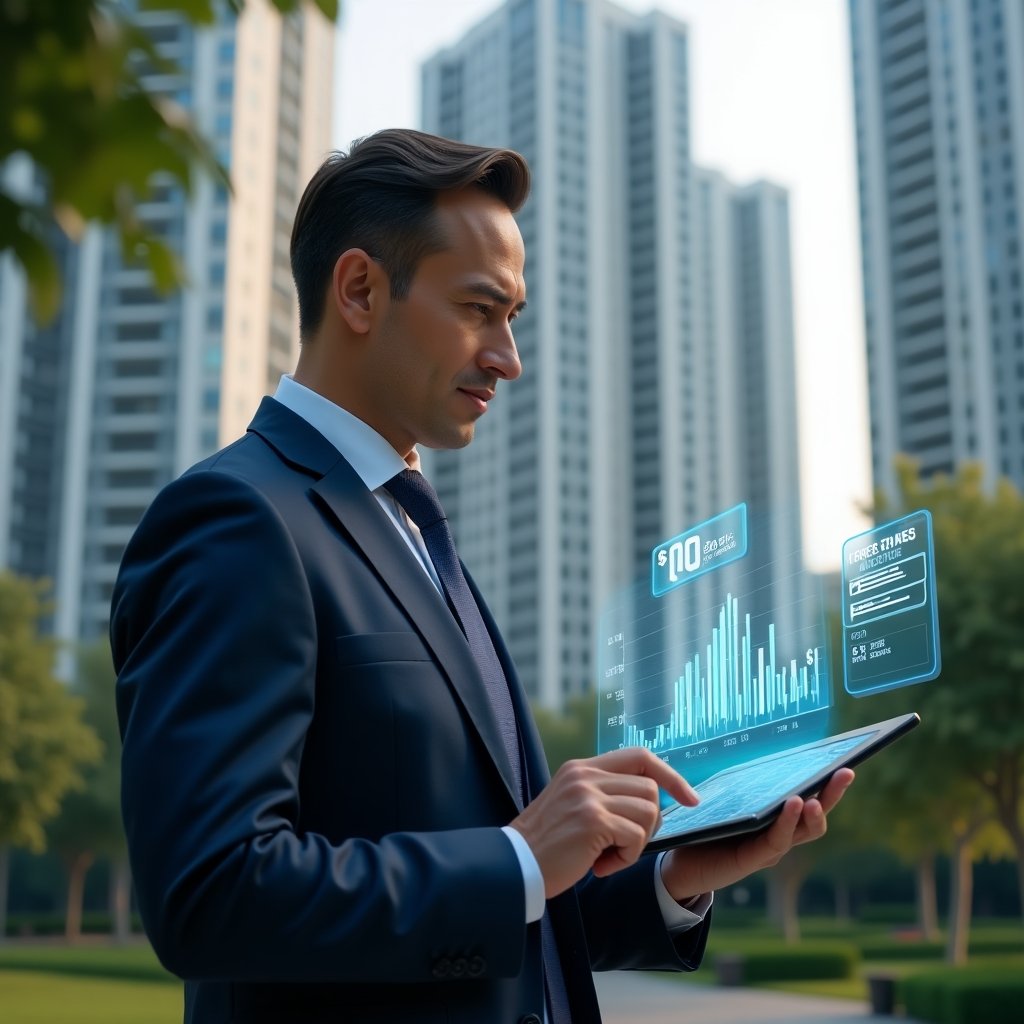 Ultra-realistic property manager in a navy executive suit, set in a modern luxury condominium environment with high-rise buildings and lush green landscaping, holding a tablet displaying holographic financial charts and a transparent balance sheet, confidently analyzing the data, holographic icons of receipts and graphs floating around, cinematic lighting, shallow depth of field, highly detailed textures, realistic skin, photographic realism, 8k resolution --ar 1:1 --v 6