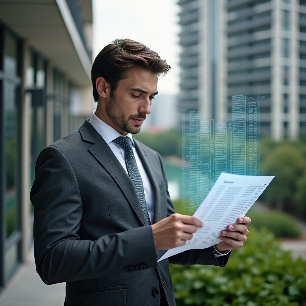 Ultra-realistic condominium manager in a charcoal gray suit, set in a modern luxury condominium environment with high-rise buildings and lush green landscaping, meticulously reviewing a floating holographic financial checklist and translucent financial reports, confident and focused expression, cinematic lighting, shallow depth of field, highly detailed textures, realistic skin, photographic realism, 8k resolution --ar 1:1 --v 6