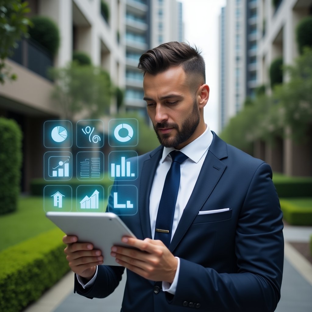Ultra-realistic condominium manager in a tailored navy suit, set in a modern luxury condominium environment with high-rise buildings and manicured green landscaping, holding a tablet displaying holographic financial charts, reviewing accounts with a confident, focused expression, holographic icons of currency and pie graphs floating beside, cinematic lighting, shallow depth of field, highly detailed textures, realistic skin, photographic realism, 8k resolution --ar 1:1 --v 6