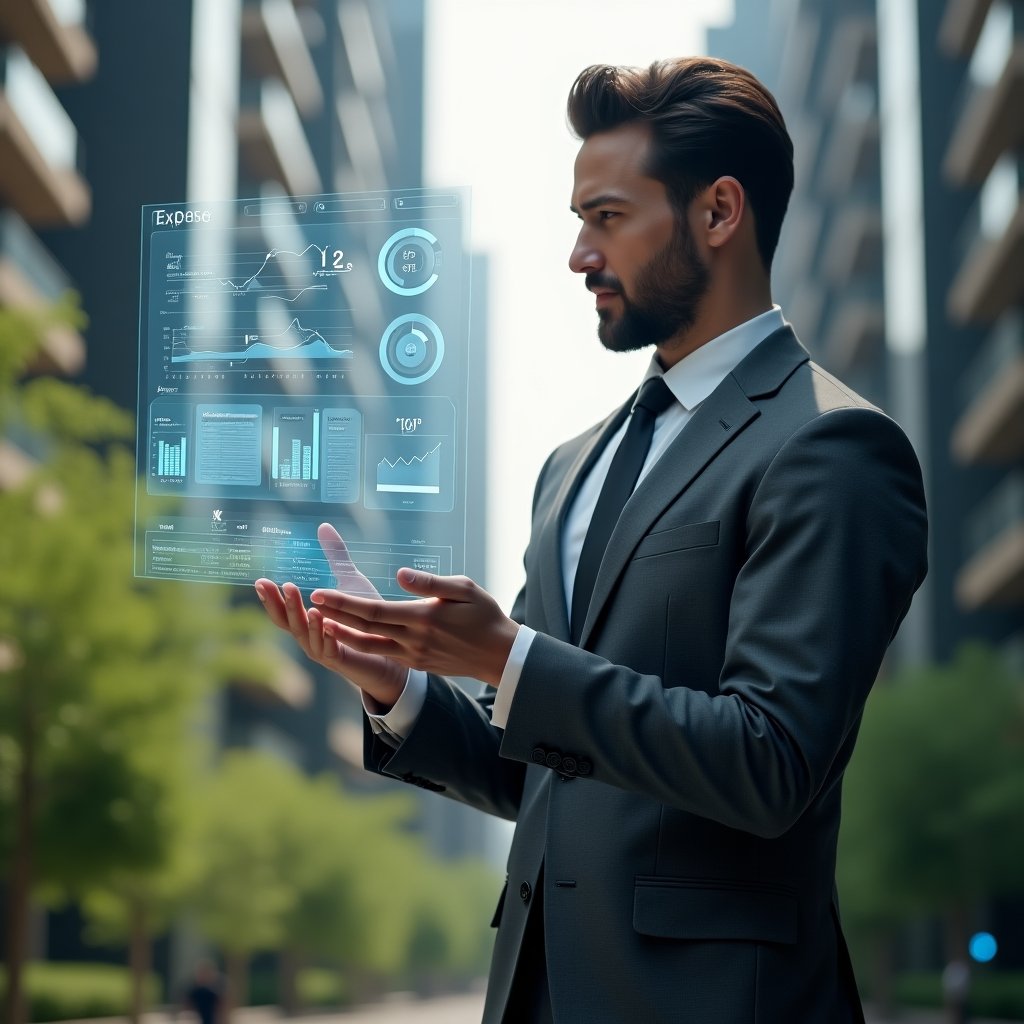 Ultra-realistic condominium manager in a charcoal gray executive suit, set in a modern luxury condominium environment with high-rise buildings and lush green landscaping, analyzing a floating holographic financial dashboard with expense charts and budget icons, confident and focused expression, cinematic lighting, shallow depth of field, highly detailed textures, realistic skin, photographic realism, 8k resolution --ar 1:1 --v 6