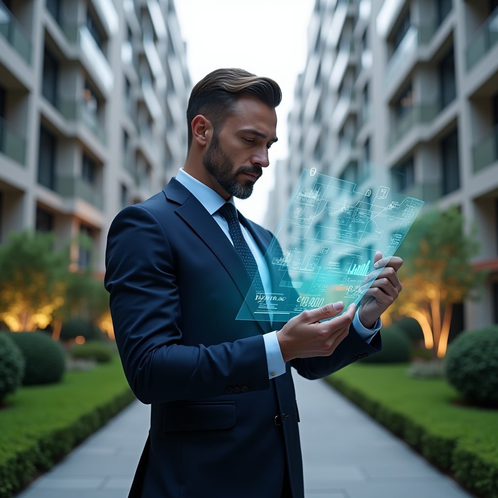 Ultra-realistic condominium manager in a navy tailored suit, set in a modern luxury condominium environment with high-rise buildings and manicured green landscaping, analyzing a holographic budget blueprint with floating cost charts and currency icons, confident and focused expression, cinematic lighting, shallow depth of field, highly detailed textures, realistic skin, photographic realism, 8k resolution --ar 1:1 --v 6