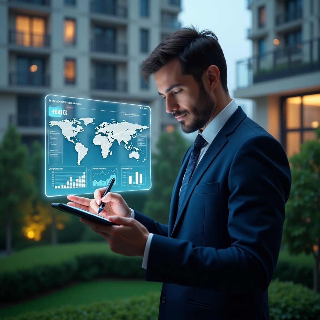Ultra-realistic condominium manager in a tailored navy suit, set in a modern luxury condominium environment with high-rise buildings and lush green landscaping, examining floating holographic financial charts and detailed digital reports with a stylus, surrounded by glowing icons of budgets, ledgers, and graphs, focused and confident expression, cinematic lighting, shallow depth of field, highly detailed textures, realistic skin, photographic realism, 8k resolution --ar 1:1 --v 6