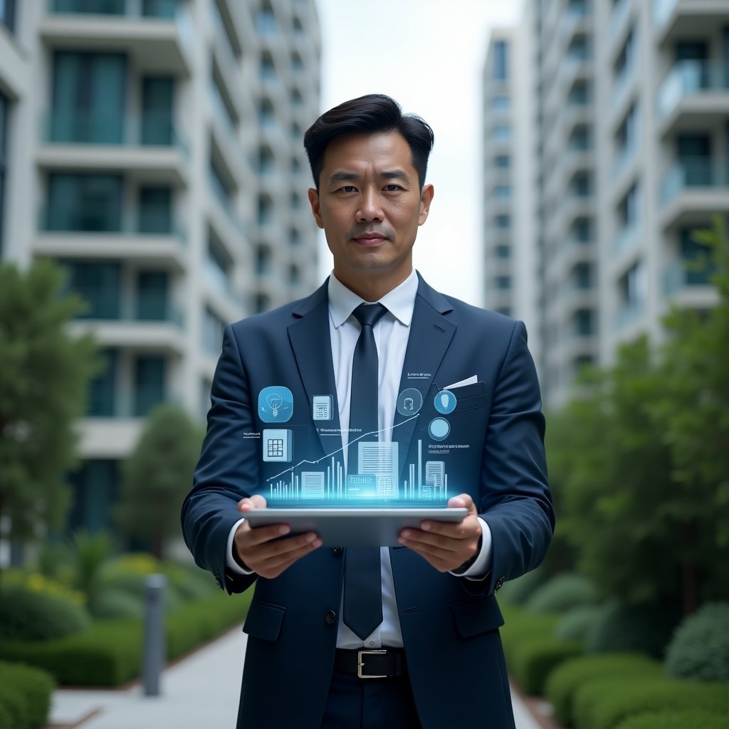 Ultra-realistic condominium manager in a navy executive suit, set in a modern luxury condominium environment with high-rise buildings and meticulously landscaped greenery, medium shot focusing on the manager holding a transparent tablet displaying downward-trend budget graphs, surrounded by floating holographic icons of LED bulbs, contract documents and maintenance tools, confident and focused expression, cinematic lighting, shallow depth of field, highly detailed textures, realistic skin, photographic realism, 8k resolution --ar 1:1 --v 6