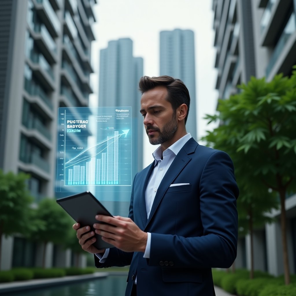 (Ultra-realistic condominium manager in a tailored navy suit, set in a modern luxury condominium environment with high-rise buildings and lush green landscaping, mid-shot of them confidently reviewing a holographic budget chart projected above a sleek tablet, with floating icons of energy savings and cost-reduction graphs, cinematic lighting, shallow depth of field, highly detailed textures, realistic skin, photographic realism, 8k resolution --ar 1:1 --v 6)
