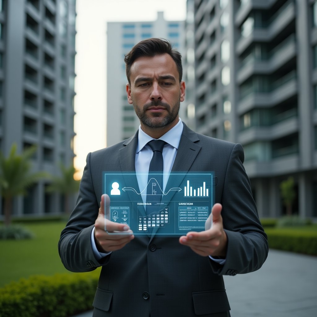 (Ultra-realistic condominium manager in a charcoal gray executive suit, set in a modern luxury condominium environment with high-rise buildings and manicured green landscaping, interacting with holographic financial charts and reservation calendar while holding a digital access key icon, confident and focused expression, cinematic lighting, shallow depth of field, highly detailed textures, realistic skin, photographic realism, 8k resolution --ar 1:1 --v 6)