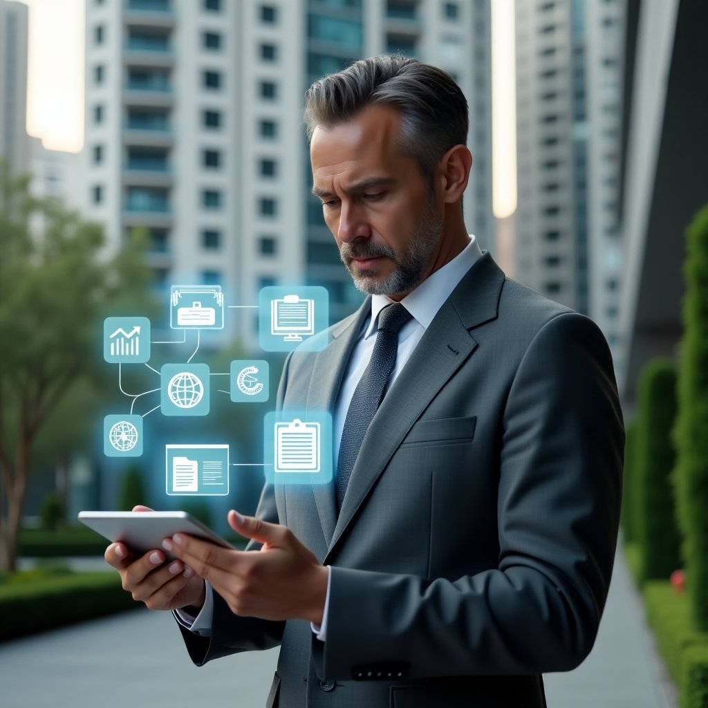 (Ultra-realistic condominium manager in a charcoal gray executive suit, set in a modern luxury condominium environment with high-rise buildings and manicured green landscaping, holding a tablet that projects floating holographic icons of financial charts, chat bubbles, reservation calendar, maintenance tools and digital documents, confident and focused expression, cinematic lighting, shallow depth of field, highly detailed textures, realistic skin, photographic realism, 8k resolution --ar 1:1 --v 6)