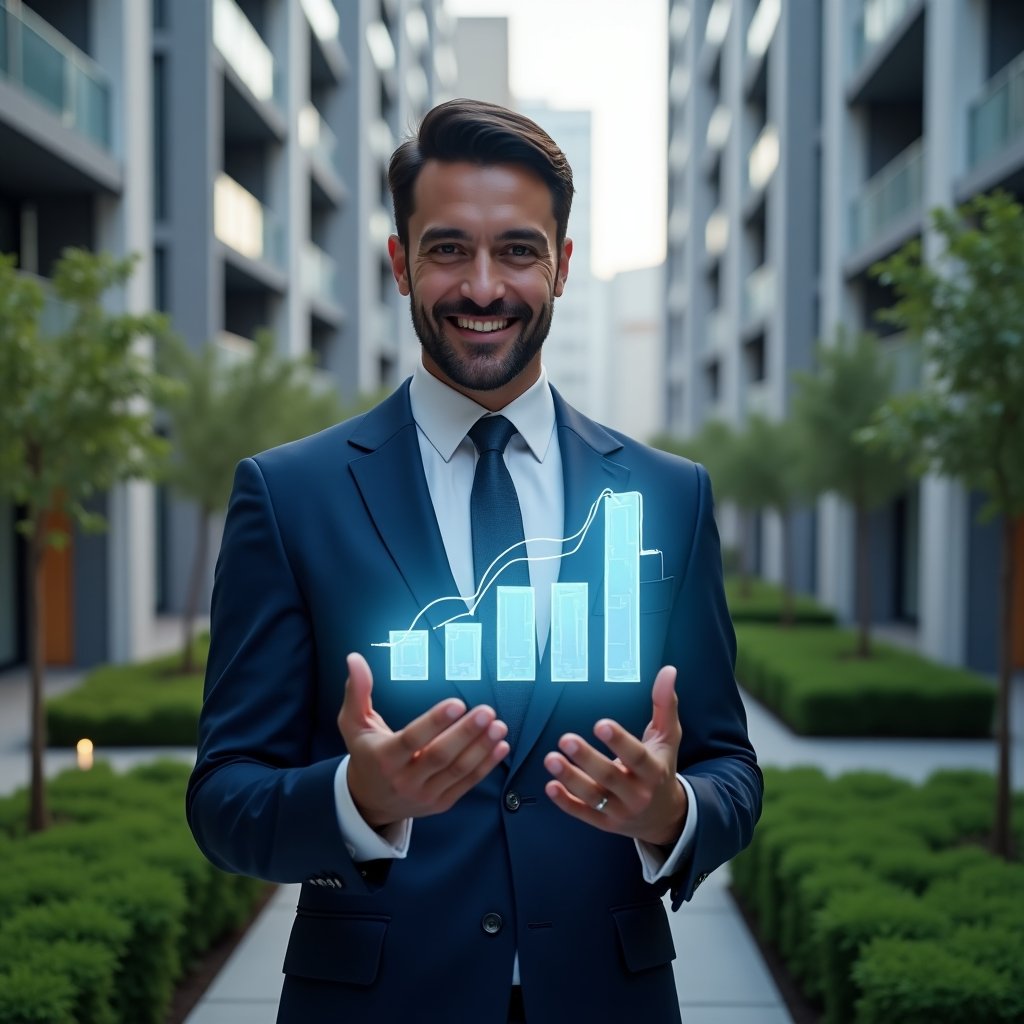 Ultra-realistic condominium manager in a navy blue suit, set in a modern luxury condominium environment with high-rise buildings and manicured green landscaping, medium shot of a confident professional reviewing a transparent holographic financial report with five glowing pie charts floating around, cinematic lighting, shallow depth of field, highly detailed textures, realistic skin, photographic realism, 8k resolution --ar 1:1 --v 6