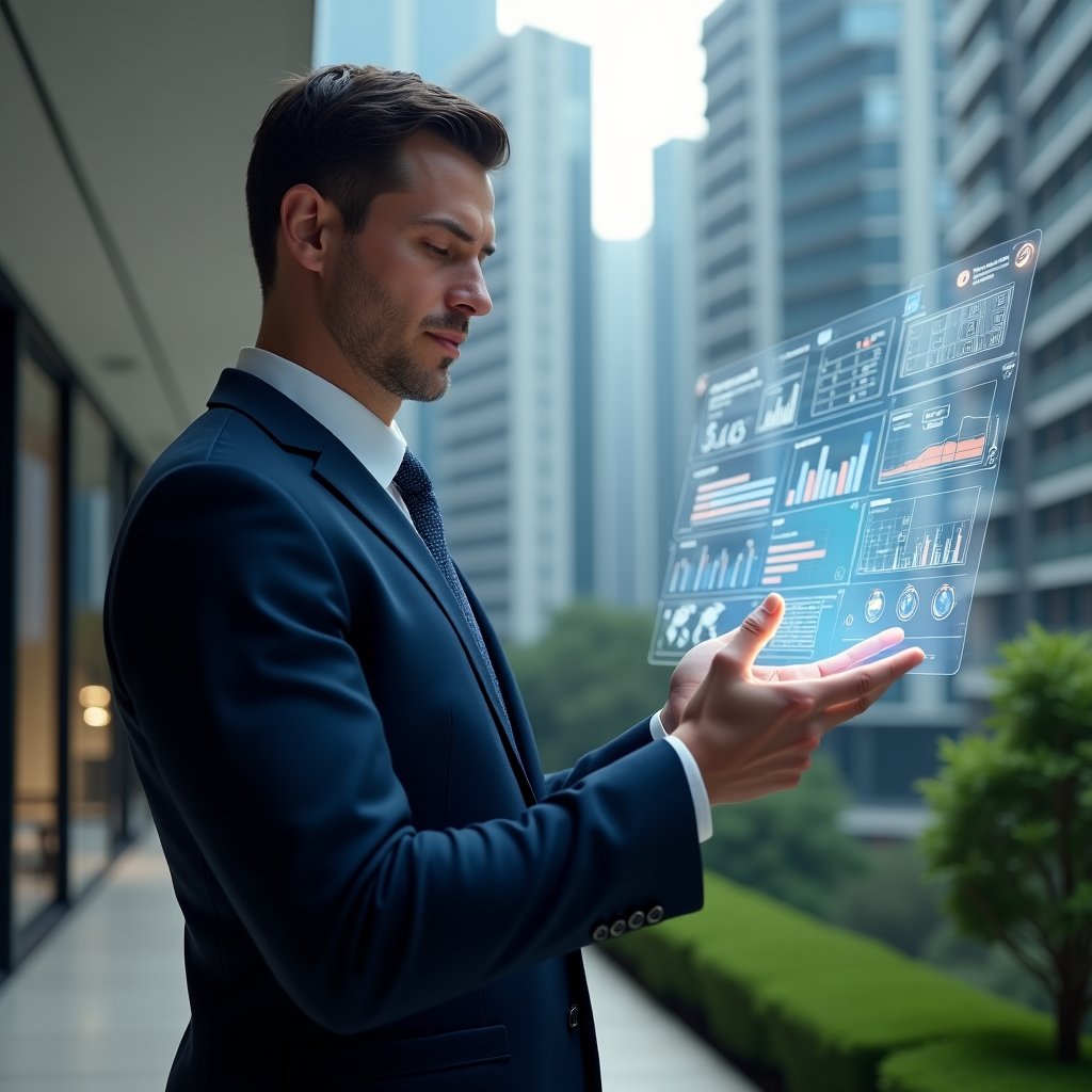 Ultra-realistic condominium manager in a dark blue tailored suit, set in a modern luxury condominium environment with high-rise buildings and manicured gardens, holding and analyzing a floating holographic dashboard of financial reports and transparent charts, with glowing icons of ledgers and communication bubbles around, confident expression, cinematic lighting, shallow depth of field, highly detailed textures, realistic skin, photographic realism, 8k resolution --ar 1:1 --v 6