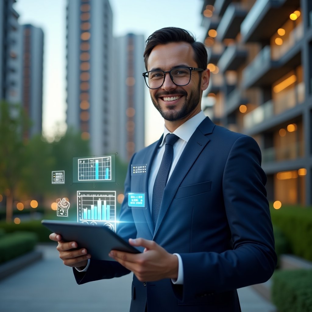 Ultra-realistic condominium manager in a navy blue executive suit, set in a modern luxury condominium environment with high-rise buildings and lush green landscaping, confidently holding a tablet displaying holographic financial charts and reservation calendars, glowing icons of currency and calendar floats around, cinematic lighting, shallow depth of field, highly detailed textures, realistic skin, photographic realism, 8k resolution --ar 1:1 --v 6