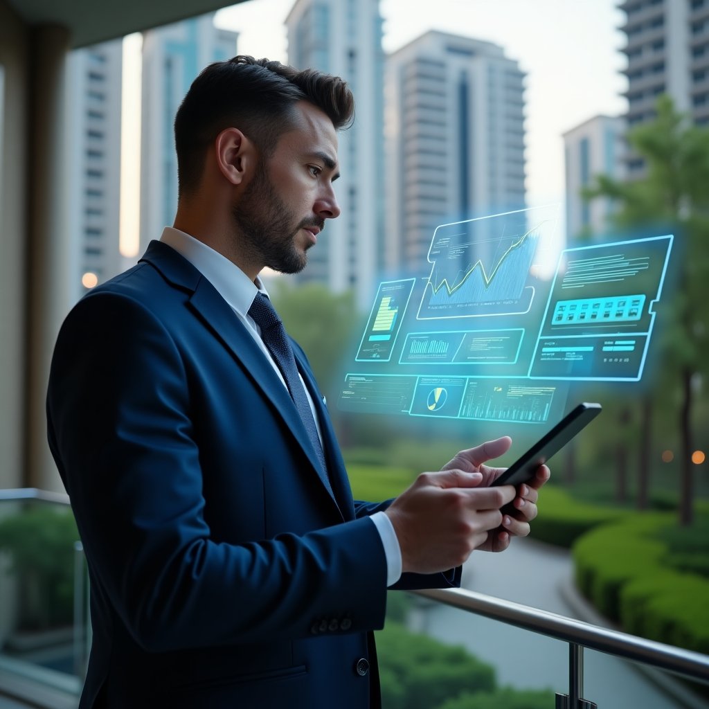 (Ultra-realistic condominium manager in a navy executive suit, set in a modern luxury condominium environment with high-rise buildings and manicured green landscaping, holding a tablet and confidently reviewing holographic financial reports floating before them, blue and green translucent data charts symbolizing automated accounting, cinematic lighting, shallow depth of field, highly detailed textures, realistic skin, photographic realism, 8k resolution --ar 1:1 --v 6)