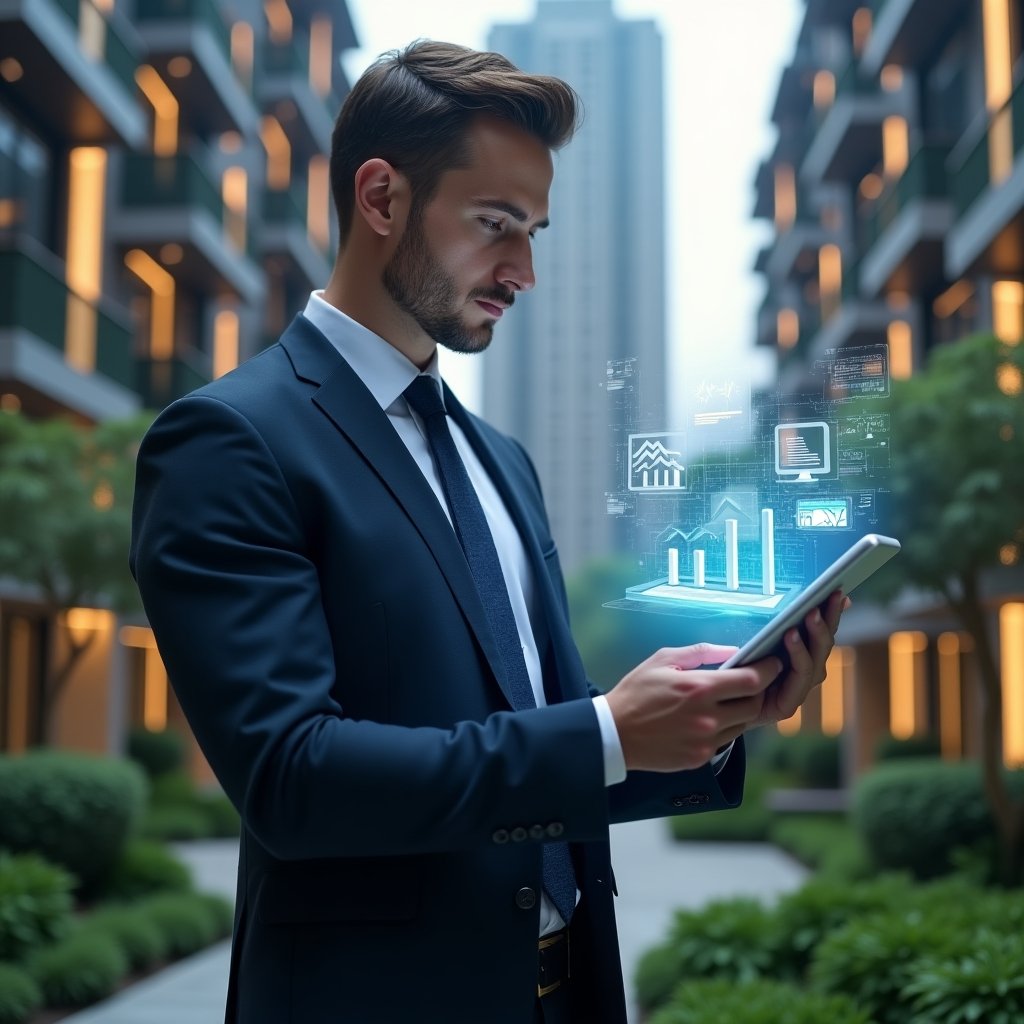 Ultra-realistic condominium manager in a navy suit, set in a modern luxury condominium environment with high-rise buildings and meticulously landscaped greenery, reviewing floating holographic financial reports on a transparent tablet, holographic charts and graphs swirling around, thoughtful and confident expression, cinematic lighting, shallow depth of field, highly detailed textures, realistic skin, photographic realism, 8k resolution --ar 1:1 --v 6